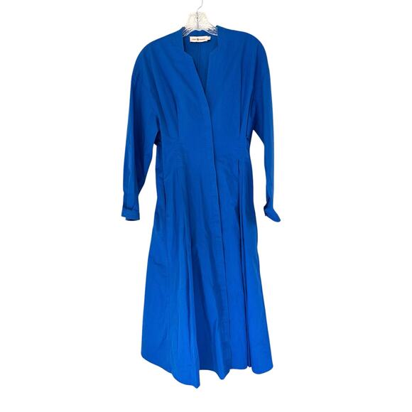 Tory Burch Blue Cotton Poplin V-Neck Pleated Long Sleeve Maxi Shirt Dress Size 6 - Picture 2 of 13